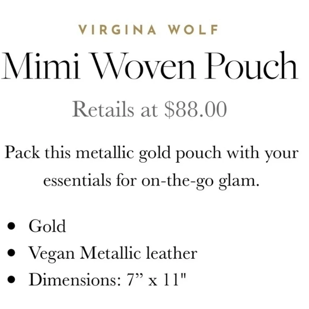 VIRGINIA WOLF‎ Faux Leather Clutch Mini Woven Pouch Gold Tassel Zip Top Make Up